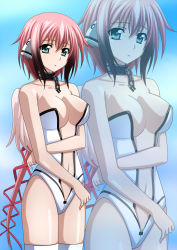 Rule 34 | 1girl, :o, bare shoulders, breasts, center opening, chain, cleavage, collar, collarbone, gradient background, green eyes, highres, ikaros, kenken, large breasts, long hair, looking at viewer, navel, pink hair, solo, sora no otoshimono, standing, thighhighs, very long hair, white thighhighs, wings, zoom layer
