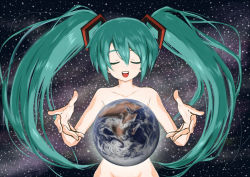 Rule 34 | 00s, 1girl, censored, convenient censoring, earth (planet), closed eyes, female focus, giant, giantess, green hair, hatsune miku, long hair, nude, out-of-frame censoring, planet, shuuhei (artist), shuuhei (shoohey), solo, space, twintails, very long hair, vocaloid