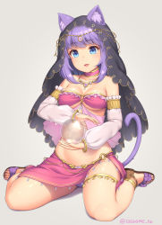 Rule 34 | 1girl, :d, animal ear fluff, animal ears, anklet, bare shoulders, blue eyes, breasts, cat ears, cat tail, cleavage, crystal ball, detached sleeves, full body, grey background, harem outfit, jewelry, long hair, medium breasts, necklace, o-ring, o-ring bottom, o-ring top, open mouth, original, puffy detached sleeves, puffy sleeves, purple hair, sandals, sasaame, simple background, sitting, smile, solo, tail, twitter username, veil, wariza