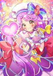 Rule 34 | 1girl, bow, brown eyes, coral, cure coral, dress, facial mark, fingerless gloves, fingers together, gloves, hair bow, hat, hat bow, heart, kawanobe, long hair, parted bangs, precure, purple dress, purple hair, red bow, sailor hat, smile, solo, suzumura sango, tropical-rouge! precure, very long hair, white gloves, yellow bow