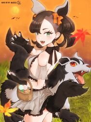 Rule 34 | 1girl, animal ears, asymmetrical bangs, bag, bird, black bow, black bowtie, black hair, bow, bowtie, breasts, candy, commentary request, creatures (company), dated, fake animal ears, fake claws, fake tail, falling leaves, fang, field, food, game freak, gen 3 pokemon, grass, green eyes, halloween costume, holding, holding bag, leaf, looking at viewer, m12ki, maple leaf, marnie (pokemon), mightyena, nintendo, open mouth, orange bow, orange bowtie, pokemon, pokemon swsh, red eyes, short hair, sideboob, small breasts, solo, tail, teeth, white nails, wolf, wolf ears, wolf tail