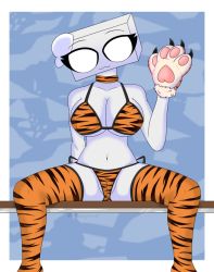 Rule 34 | 1girl, 2022, animal hands, animal print, bra, breasts, cleavage, hat, looking at viewer, mobzylewd, new year, object head, self-upload, simple background, sitting, solo, spread legs, thighhighs, tiger paws, tiger print, underwear, white eyes, white hat