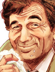 Rule 34 | 1boy, bad id, bad pixiv id, brown hair, columbo, lieutenant columbo, curly hair, eating, food, food on face, furrowed brow, highres, lafolie, male focus, onigiri, rice, rice on face, simple background, smile, solo