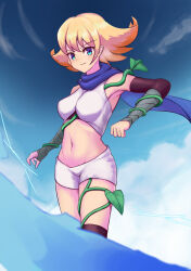 Rule 34 | 1girl, bare shoulders, between breasts, blonde hair, blue eyes, blue sky, breasts, closed mouth, cloud, commentary request, day, flipped hair, groin, highres, kid icarus, kid icarus uprising, looking at viewer, medium breasts, navel, nintendo, outdoors, phosphora, plant, short shorts, shorts, sky, smile, solo, standing, tirari9336 (mochila9336), vines, white shorts