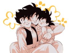 Rule 34 | 3boys, ;), ^ ^, arms at sides, black hair, blush, blush stickers, brothers, cheek-to-cheek, child, chinese clothes, clenched teeth, closed eyes, dragon ball, dragonball z, father and son, fingernails, floral background, flower, grin, haha (haha db), hand on another&#039;s back, hands on another&#039;s shoulders, happy, heads together, hug, hug from behind, long sleeves, looking at another, male focus, monochrome, multiple boys, one eye closed, orange flower, pants, pectorals, shaded face, shirt, siblings, side-by-side, simple background, sitting, sitting on lap, sitting on person, smile, son gohan, son goku, son goten, teeth, waistcoat, white background, white shirt, wristband