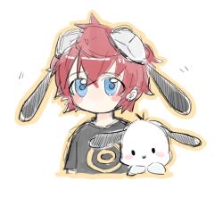 Rule 34 | aiba takumi, blue eyes, blush, digimon, goggles, goggles on head, red hair, short hair, simple background, white background