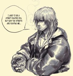Rule 34 | 1boy, alcohol, bags under eyes, capcom, cigarette, commentary, cup, david liu, dog tags, english commentary, english text, facial hair, highres, holding, holding cup, hood, hood down, ken masters, male focus, medium hair, messy hair, monochrome, muscular, muscular male, pectorals, smoke, smoking, solo, speech bubble, street fighter, street fighter 6, stubble, whiskey