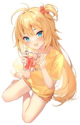 Rule 34 | 1girl, :d, absurdres, akai haato, antenna hair, bad id, bad twitter id, barefoot, blonde hair, blue eyes, blush, cup, fang, full body, hair ornament, hands up, heart, heart hair ornament, highres, holding, holding cup, hololive, long hair, looking at viewer, one side up, open mouth, orange shorts, shirt, short sleeves, shorts, simple background, sitting, skin fang, smile, solo, uosaasou, very long hair, virtual youtuber, white background, yellow shirt