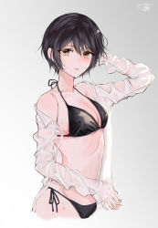 Rule 34 | 1girl, absurdres, aged up, bad id, bad pixiv id, bikini, black bikini, black hair, breasts, brown eyes, cleavage, closed mouth, collarbone, commentary, cowboy shot, cropped legs, d4dj, english commentary, giraffe three, grey background, hair between eyes, halterneck, hand up, highres, light blush, long sleeves, looking at viewer, miyake aoi, open clothes, open shirt, shirt, short hair, side-tie bikini bottom, small breasts, solo, string bikini, swimsuit, twitter username, wet, wet clothes, wet shirt, white background