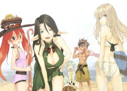 Rule 34 | 2boys, 3girls, age difference, amitalilly, amitaliri, animal ears, ass, back, beach, bike shorts, bikini, black hair, bracelet, breasts, child, cleavage, cleavage cutout, clothing cutout, cyrille (shining force exa), faulklin, file17, flat chest, green eyes, grey hair, hand on own hip, hat, hip focus, huge breasts, innertube, jewelry, leaning forward, long hair, looking back, maebelle, multiple boys, multiple girls, pointy ears, red hair, sega, shining (series), shining force exa, shorts, side-tie bikini bottom, staff, swim ring, swimsuit, sword, tail, tankini, toma (shining force exa), twintails, u (the unko), weapon, white hair
