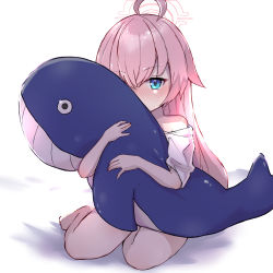 Rule 34 | 1girl, ahoge, bad feet, blue archive, blue eyes, blush, halo, highres, holding, holding stuffed toy, hoshino (blue archive), long hair, pink hair, radicalfool, shirt, simple background, sitting, solo, stuffed toy, stuffed whale, white shirt