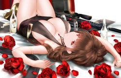 Rule 34 | 1girl, absurdres, ahoge, an yasuri, anti-materiel rifle, armlet, armpits, bad id, bad pixiv id, black dress, blast compensator, blunt bangs, blush, bolt-action rifle, bolt action, bottle, breasts, brown hair, bullpup, casual, choker, cleavage, closed mouth, compensator, covered navel, cup, dress, drinking glass, dsr-50, dsr-50 (girls&#039; frontline), flower, gem, girls&#039; frontline, gold footwear, gun, hair over shoulder, high heels, highres, jewelry, knees up, large breasts, leaning back, long hair, looking at viewer, lying, muzzle device, necklace, no bra, official alternate costume, on back, pendant, petals, pumps, red eyes, red gemstone, rifle, ring, rose, sideboob, sidelocks, sitting, skindentation, smile, sniper rifle, solo, suppressor, thighs, very long hair, weapon