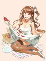 Rule 34 | 10s, 1girl, bad id, bad pixiv id, basket, blush, bow, breasts, brown hair, can, choker, cleavage, clothes lift, collarbone, dress, dress lift, drink can, food, full body, garter straps, high heels, highres, holding, holding food, hot dog, idolmaster, idolmaster cinderella girls, jolaeng-i, ketchup, ketchup bottle, large breasts, long hair, looking at viewer, maruhachi, parted lips, picnic, picnic basket, pink background, plate, shimamura uzuki, simple background, sitting, smile, soda can, solo, stain, stained clothes, star (symbol), stiletto heels, strap, sweatdrop, teeth, thighhighs, wavy hair, white bow, yokozuwari