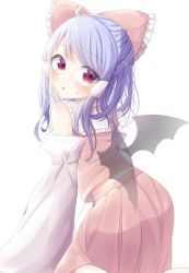 Rule 34 | 1girl, :o, ahoge, ass, bat wings, black wings, blue hair, blush, bow, commentary request, cosplay, detached sleeves, eringi (rmrafrn), frilled bow, frills, hair bow, hair tubes, hakurei reimu, hakurei reimu (cosplay), highres, japanese clothes, kneeling, long hair, long sleeves, looking at viewer, looking back, miko, parted lips, pleated skirt, purple eyes, red bow, red shirt, red skirt, remilia scarlet, shirt, simple background, skirt, sleeveless, sleeveless shirt, solo, sweat, touhou, transparent wings, white background, white sleeves, wings