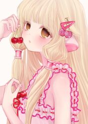 Rule 34 | 1girl, blonde hair, blush, brown eyes, cherry, cherry hair ornament, chii, chobits, dress, female focus, flat chest, food, food-themed hair ornament, fruit, hair ornament, hair tubes, hairclip, highres, holding, holding food, holding fruit, long hair, looking at viewer, mipi (u3u 00), open mouth, pink dress, robot ears, simple background, solo, upper body, white background