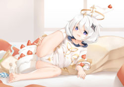 Rule 34 | 1girl, absurdres, an-telin, blue eyes, cake, feet, food, fruit, genshin impact, hair ornament, hairclip, halo, highres, legs, lying, on side, open mouth, paimon (genshin impact), short hair, silver hair, single thighhigh, solo, strawberry, thighhighs, white thighhighs