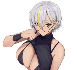 Rule 34 | 1girl, bikini, black bikini, black shirt, black wrist cuffs, blonde hair, breasts, chela77, cleavage, closed mouth, glasses, grey hair, highres, large breasts, lifting own clothes, luvdia, multicolored hair, park dona, round eyewear, second-party source, shirt, short hair, sleeveless, sleeveless shirt, solo, streaked hair, swimsuit, tan, turtleneck, upper body, virtual youtuber, wrist cuffs, yellow eyes