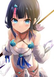 Rule 34 | 1girl, absurdres, bare shoulders, black hair, blue eyes, blue ribbon, blush, breasts, collarbone, dress, fate/grand order, fate/requiem, fate (series), feet out of frame, fundoshi, highres, japanese clothes, jewelry, leg warmers, leggings, long sleeves, looking at viewer, magatama, magatama hair ornament, magatama necklace, medium breasts, medium hair, multicolored hair, necklace, pelvic curtain, pink hair, polearm, puffy long sleeves, puffy sleeves, ribbon, sen (astronomy), short dress, sideboob, sideless outfit, sidelocks, solo, spear, streaked hair, thigh strap, thighs, utsumi erice, weapon, white background, white dress, white leg warmers, white leggings