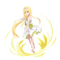 Rule 34 | 1girl, alice zuberg, barefoot, blonde hair, blue eyes, braid, braided ponytail, casual, dress, floating hair, from side, full body, hair between eyes, hair intakes, hair over shoulder, hair ribbon, hairband, highres, layered dress, long hair, looking at viewer, official art, parted lips, ribbon, short dress, sleeveless, sleeveless dress, solo, standing, sundress, sword art online, sword art online: memory defrag, transparent background, very long hair, white dress, white hairband, white ribbon