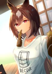 Rule 34 | 1girl, alternate costume, animal ears, breasts, brown hair, candy, collarbone, english text, food, food in mouth, highres, holding, holding candy, holding food, horse ears, horse girl, ice cream, long hair, mouth hold, multicolored hair, onemu (degukawaiine), papico (ice cream), red eyes, shirt, short sleeves, sirius symboli (umamusume), solo, t-shirt, two-tone hair, umamusume, white hair, white shirt