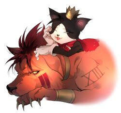 Rule 34 | :3, animal focus, bracer, brown hair, cait sith (ff7), cape, cat, claws, closed eyes, collar, commentary, crown, fangs, final fantasy, final fantasy vii, gloves, hand on own cheek, hand on own face, head on hand, looking back, lying, no humans, on stomach, open mouth, red cape, red fur, red xiii, roman numeral, s sohwagi s, shoulder tattoo, slit pupils, smile, symbol-only commentary, tattoo, white background, white gloves, yellow eyes