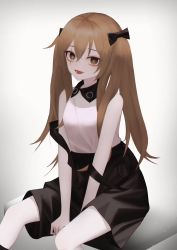 Rule 34 | 1girl, black skirt, bow, breasts, brown eyes, brown hair, feet out of frame, girls&#039; frontline, hair bow, highres, long hair, looking at viewer, medium breasts, open mouth, scar, scar across eye, shirt, sitting, skirt, smile, solo, suspender skirt, suspenders, thomas 8000, twintails, ump9 (girls&#039; frontline), ump9 (shiba investigator) (girls&#039; frontline), white background, white shirt