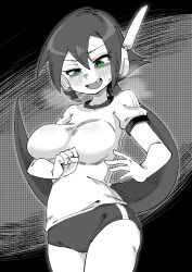Rule 34 | 1girl, absurdres, aile (mega man zx), bloomers, blush, breasts, buzzlyears, cowboy shot, fang, green eyes, highres, large breasts, long hair, mega man (series), mega man zx, mega man zx advent, monochrome, polka dot, polka dot background, ponytail, robot ears, shirt, solo, sportswear, spot color, underwear, white shirt