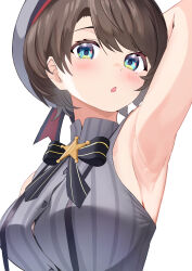 Rule 34 | 1girl, :o, arm up, armpits, black bow, black bowtie, blue eyes, blush, bow, bowtie, brown hair, grey hat, grey shirt, hat, hego 0102, highres, hololive, looking at viewer, official alternate costume, oozora subaru, oozora subaru (work), parted lips, pinstripe pattern, pinstripe shirt, sailor hat, shirt, short hair, simple background, sleeveless, sleeveless shirt, solo, star (symbol), striped clothes, striped shirt, swept bangs, upper body, vertical-striped clothes, vertical-striped shirt, virtual youtuber, white background