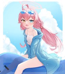 Rule 34 | 1girl, ahoge, bare shoulders, bikini, blue archive, blue eyes, blue jacket, blush, breasts, cleavage, cloud, eye contact, fang, feet out of frame, hair bobbles, hair ornament, halo, heterochromia, highres, hoshino (blue archive), hoshino (swimsuit) (blue archive), inflatable toy, inflatable whale, jacket, long hair, long sleeves, looking at another, looking at viewer, low twintails, nonddu, off shoulder, open clothes, open jacket, open mouth, outdoors, sitting, small breasts, solo, sunglasses, swimsuit, twintails, white bikini, yellow eyes
