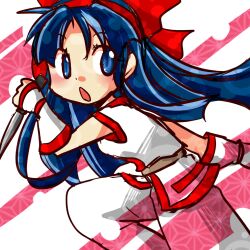Rule 34 | 1girl, ainu clothes, arm up, blue eyes, blue hair, breasts, fingerless gloves, gloves, hair ribbon, highres, leg lift, leg up, legs, long hair, looking at viewer, medium breasts, nakoruru, open mouth, pants, ribbon, samurai spirits, sideboob, snk, solo, the king of fighters, thighs, weapon