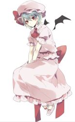 Rule 34 | 1girl, ascot, bat wings, blue hair, bow, dress, full body, hat, hat ribbon, looking at viewer, mob cap, prin dog, puffy short sleeves, puffy sleeves, red eyes, remilia scarlet, ribbon, shirt, shoes, short hair, short sleeves, simple background, sitting, skirt, skirt set, solo, touhou, white background, wings, wrist cuffs