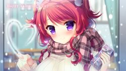 Rule 34 | 1girl, blush, bow, chuablesoft, courreges ace, female focus, fingernails, fringe trim, gift, head tilt, heart, highres, holding, looking at viewer, plaid, plaid scarf, purple eyes, red hair, ribbon, rinka (chuablesoft), scarf, smile, snow, snowflakes, solo, sweater, two side up, valentine, wallpaper