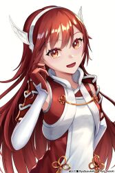 Rule 34 | 1girl, absurdres, breasts, caeldori (fire emblem), detached sleeves, fire emblem, fire emblem fates, gloves, hairband, highres, looking at viewer, nintendo, open mouth, red eyes, red gloves, ryo-suzuki, shoulder pads, small breasts, smile, solo, upper body, white background, wing hair ornament