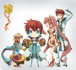 Rule 34 | 1boy, 2girls, alternate costume, asbel lhant, bad id, bad pixiv id, blue eyes, blue shirt, brown hair, full body, gloves, gradient background, long hair, multicolored hair, multiple girls, official alternate costume, pascal (tales), plant, purple eyes, purple hair, scarf, shirt, smile, sophie (tales), suspenders, tales of (series), tales of graces, thighhighs, twintails, two-tone hair, yachi kou