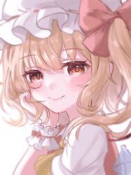 Rule 34 | 1girl, arm support, ascot, blonde hair, blush, bow, closed mouth, crystal, fang, fang out, flandre scarlet, hat, hat bow, highres, looking at viewer, mob cap, naarsann, one side up, portrait, puffy short sleeves, puffy sleeves, red bow, red eyes, red vest, short sleeves, smile, solo, touhou, vest, wavy hair, white background, white wrist cuffs, wrist cuffs, yellow ascot