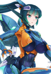 Rule 34 | 00s, 1girl, armpits, bad id, bad pixiv id, blush, bodysuit, breasts, covered navel, female focus, green eyes, green hair, headgear, jehuty, konami, large breasts, long hair, matching hair/eyes, mecha musume, open mouth, personification, ponytail, skin tight, solo, vuccha, white background, zone of the enders