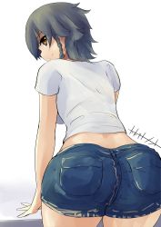 Rule 34 | 1girl, absurdres, arm support, artist name, ass, black hair, black shorts, braid, brown eyes, casual, closed mouth, commentary request, cowboy shot, denim, denim shorts, from behind, girls und panzer, highres, kakimoto nao, leaning forward, looking at viewer, looking back, midriff, one-hour drawing challenge, pepperoni (girls und panzer), shirt, short hair, short shorts, shorts, side braid, signature, smile, solo, standing, t-shirt, white background, white shirt