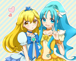 Rule 34 | 2girls, bad id, bad pixiv id, blonde hair, blue eyes, blue hair, blue skirt, bow, brooch, choker, cosplay, costume switch, crossover, cure marine, cure marine (cosplay), cure peace, cure peace (cosplay), hair flaps, heart, heart brooch, heartcatch precure!, jewelry, kise yayoi, kurumi erika, long hair, magical girl, mironomeo, multiple girls, nomeo, ponytail, precure, ribbon, skirt, smile, smile precure!, v, yellow bow, yellow eyes, yellow skirt