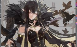 Rule 34 | 1girl, absurdly long hair, bird, bird on hand, black dress, black hair, breasts, bridal gauntlets, cleavage, closed mouth, commentary request, crow, detached sleeves, dress, fate/apocrypha, fate/grand order, fate (series), fur trim, highres, large breasts, long dress, long hair, luin y, photoshop (medium), pointy ears, red lips, semiramis (fate), slit pupils, solo, spikes, unfinished, very long hair, yellow eyes