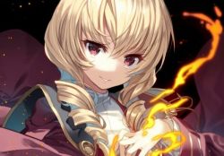 Rule 34 | 1girl, blonde hair, cape, drill hair, erika wagner, fire, red cape, red eyes, simple background, smile, tagme, under night in-birth, yusano