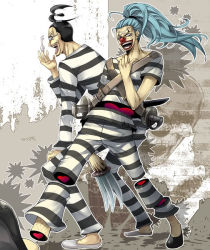 Rule 34 | 2boys, blue hair, buggy the clown, detached, disembodied limb, dismembered, facial mark, galdino, glasses, impel down, key, knife, male focus, multiple boys, one piece, pants, ponytail, prison clothes, prisoner, shirt, striped clothes, striped pants, striped shirt, sword, walking, wax, weapon