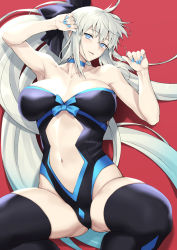 Rule 34 | 1girl, bare shoulders, black bow, black leotard, black thighhighs, blue eyes, bnc (bunshi), bow, braid, breasts, center opening, choker, cleavage, collarbone, fate/grand order, fate (series), french braid, grey hair, hair bow, highleg, highleg leotard, large breasts, leotard, long hair, looking at viewer, morgan le fay (fate), nail polish, navel, parted lips, ponytail, sidelocks, solo, thighhighs, thighs, very long hair