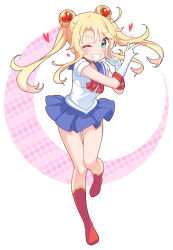 Rule 34 | 1girl, \n/, bishoujo senshi sailor moon, blonde hair, blue sailor collar, blue skirt, blush, boots, bow, commentary request, cosplay, crescent, double bun, elbow gloves, full body, gloves, green eyes, grin, hair bun, hair ornament, heart, heart hair ornament, highres, himesaka noa, jigatei (omijin), knee boots, long hair, one eye closed, pleated skirt, puffy short sleeves, puffy sleeves, red bow, red footwear, resolution mismatch, sailor collar, sailor moon, sailor moon (cosplay), sailor senshi uniform, shirt, short sleeves, skirt, smile, solo, source smaller, standing, standing on one leg, twintails, very long hair, w, watashi ni tenshi ga maiorita!, white background, white gloves, white shirt