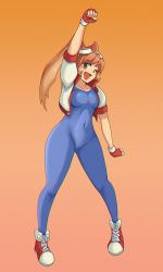 Rule 34 | 1990s (style), 1girl, animal ears, arm up, blue unitard, blush, bodysuit, breasts, brown eyes, brown hair, chib0b, chromatic aberration, clenched hand, collarbone, commentary request, covered navel, cropped jacket, fingerless gloves, full body, gloves, goggles, goggles on head, gradient background, highres, jacket, looking at viewer, makihara arina, medium breasts, one eye closed, open clothes, open jacket, open mouth, rabbit ears, red gloves, retro artstyle, shoes, short hair, short sleeves, simple background, skin tight, smile, sneakers, standing, unitard, waku waku 7