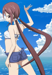 Rule 34 | 10s, 1girl, back, bare shoulders, bikini, brown eyes, brown hair, butt crack, cloud, day, denim, denim shorts, female focus, infinite stratos, long hair, looking back, ocean, open mouth, outdoors, shorts, sky, solo, swimsuit, tanimoto yuzu, third-party source, twintails, very long hair