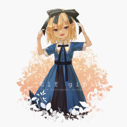 Rule 34 | 1girl, :d, black bow, blonde hair, blue dress, blush, bow, commentary, dress, english commentary, english text, floral background, hair between eyes, hair bow, hands up, highres, kobuta, looking at viewer, open mouth, original, pointy ears, purple eyes, short sleeves, smile, solo, striped, striped bow, white background