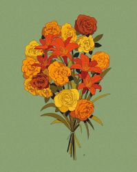 Rule 34 | bouquet, brown flower, brown rose, commentary, commission, english commentary, flower, green background, highres, leaf, libbyframe, lily (flower), no humans, orange flower, orange rose, original, plant, red flower, red rose, rose, signature, simple background, still life, yellow flower, yellow rose