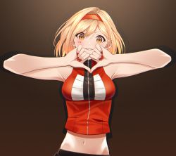 Rule 34 | 1girl, bare arms, blonde hair, breasts, brown background, brown eyes, djeeta (granblue fantasy), facial mark, granblue fantasy, grin, hair intakes, hairband, highres, jacket, looking at viewer, medium breasts, medium hair, midriff, nail polish, navel, red hairband, red jacket, red nails, sleeveless, sleeveless jacket, smile, solo, soruna (nell), stomach, turtleneck, upper body, zipper