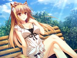 Rule 34 | 1girl, animal ears, arm support, bench, blonde hair, blush, breasts, cleavage, crossed legs, dress, fox ears, fox tail, game cg, hand on own shoulder, highres, large breasts, long hair, miyama kon, mole, otomimi infinity, outdoors, red eyes, ribbon, sitting, sky, solo, tail