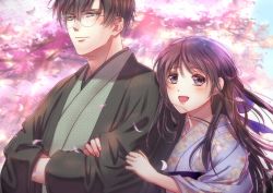Rule 34 | 1boy, 1girl, :d, black hair, blush, bow, brown eyes, cherry blossoms, couple, crossed arms, dating, day, floral print, glasses, green kimono, hair bow, hetero, holding own arm, izumi (stardustalone), japanese clothes, kimono, long hair, looking at viewer, open mouth, purple bow, purple eyes, renri no chigiri wo kimi to shiru, smile, sunlight, unmoving pattern, upper body, wide sleeves